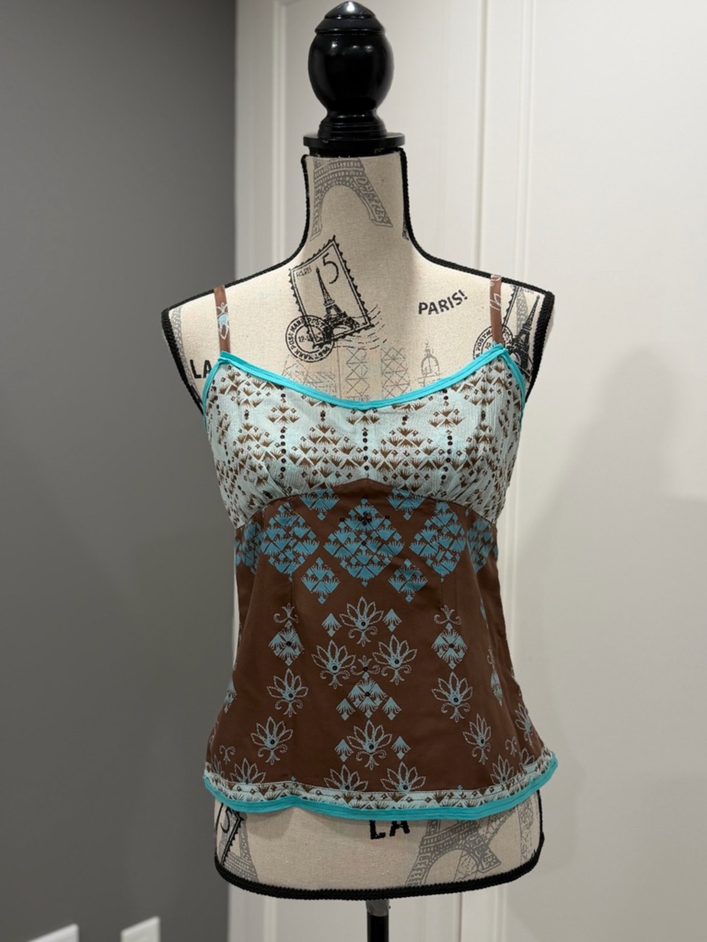 Vintage, GAP Rare Piece,  Brown and Aqua Printed 100% Silk Cami,